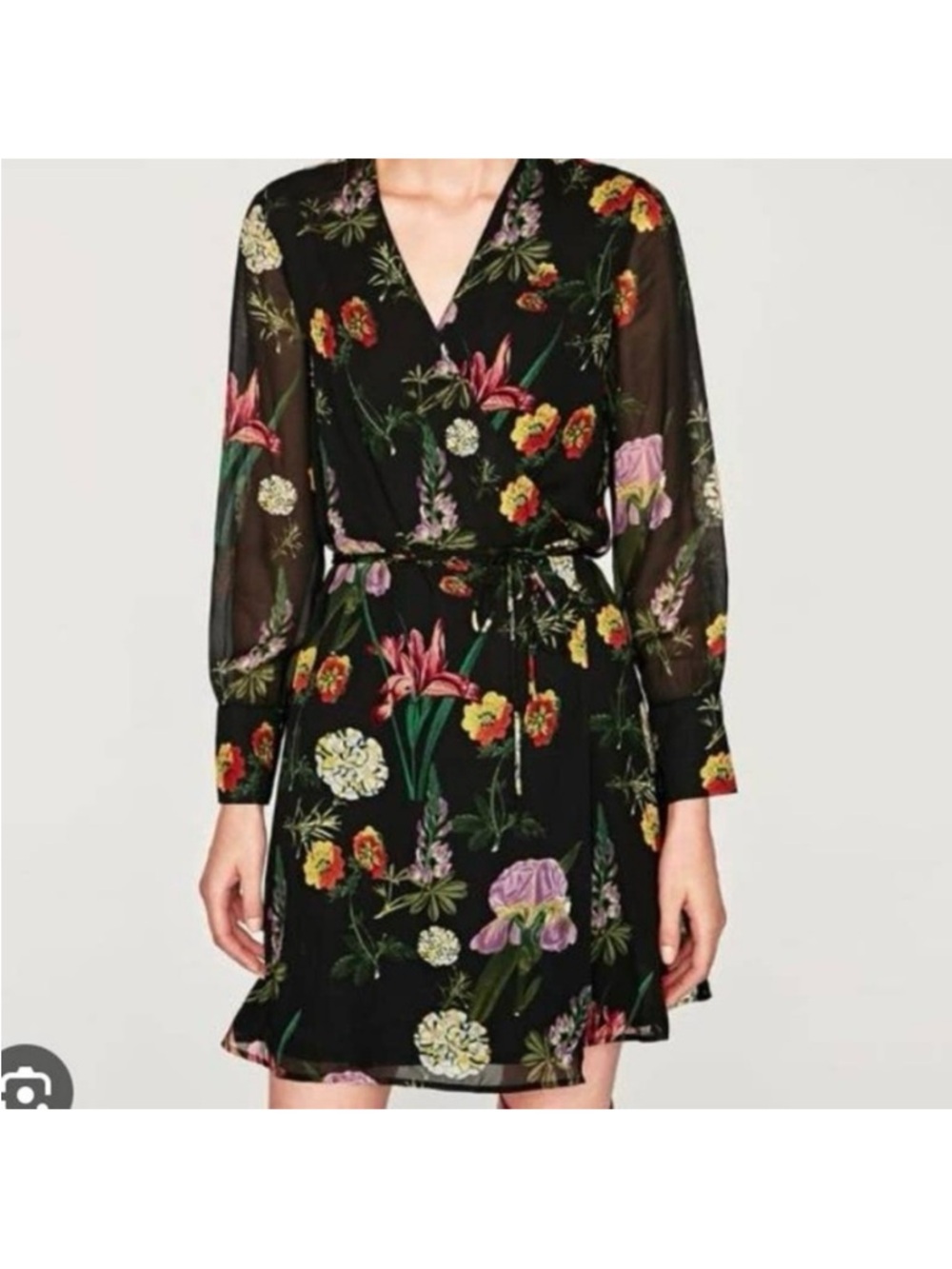 Zara Black Long Sleeve Floral Print Wrap Dress